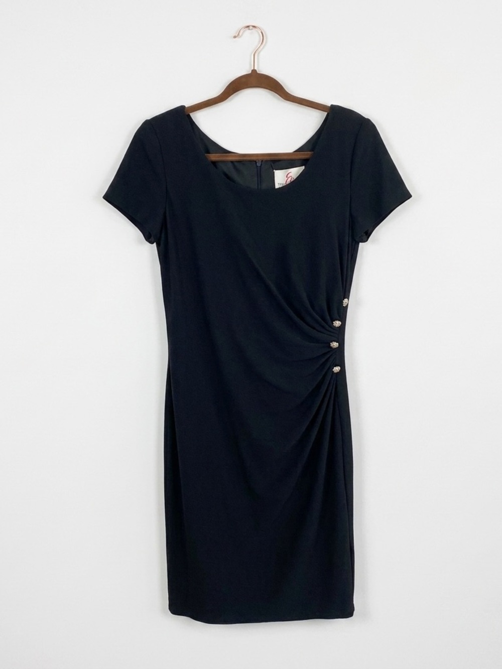 Vintage Francais by Huey Waltzer Black Ruched Sheath Dress Rhinestone Accent 12